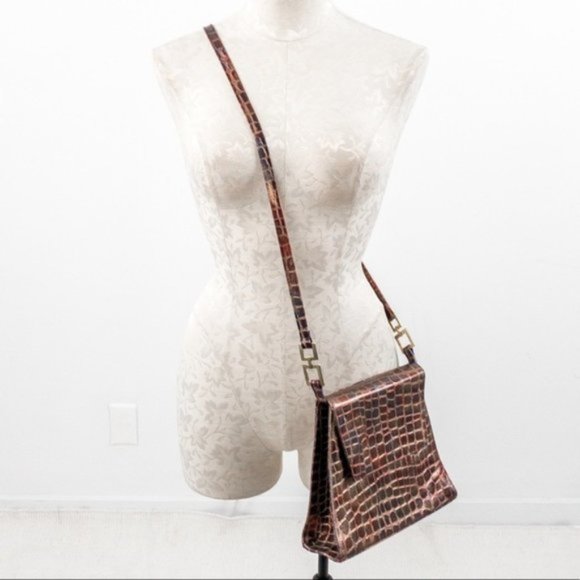 Vintage Leather Metallic Rainbow Crocodile Print Crossbody Bag - Picture 3 of 11